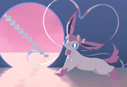 Size: 1347x924 | Tagged: safe, artist:cco00oo, eeveelution, fictional species, mammal, sylveon, feral, nintendo, pokémon, 2024, 2d, ambiguous gender, belly, blue eyes, casual nudity, closed mouth, closed smile, colored pupils, complete nudity, crossed legs, cute, detailed background, digital art, ear fluff, ears, fluff, fur, happy, head fluff, heart, long ears, looking at you, multicolored body, multicolored face, multicolored fur, multicolored head, nudity, paws, pink body, pink ears, pink fur, pink tail, ribbons (body part), side view, signature, smiling, smiling at you, socks (leg marking), solo, solo ambiguous, surreal, tail, tail fluff, thighs, two toned body, two toned fur, two toned head, white body, white fur, white pupils