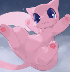 Size: 785x800 | Tagged: safe, artist:cco00oo, fictional species, legendary pokémon, mew, mythical pokémon, feral, nintendo, pokémon, 2024, 2d, :3, ambiguous gender, belly, blue eyes, casual nudity, cheek fluff, chest fluff, closed mouth, closed smile, complete nudity, cute, detailed background, digital art, ears, fluff, front view, fur, happy, head fluff, long tail, looking at you, nudity, paw pads, paws, pink belly, pink body, pink fur, pink paw pads, pink tail, pointy ears, signature, smiling, solo, solo ambiguous, tail, thighs, underpaw