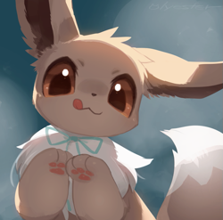 Size: 709x700 | Tagged: safe, artist:cco00oo, eevee, eeveelution, fictional species, mammal, feral, nintendo, pokémon, 2024, 2d, :3, ambiguous gender, blep, bow, brown body, brown ears, brown eyes, brown fur, brown tail, bushy tail, closed mouth, closed smile, cute, detailed background, digital art, dipstick tail, ear fluff, ears, fluff, front view, fur, happy, head fluff, long ears, looking at you, looking down, looking down at you, low angle, multicolored body, multicolored fur, neck fluff, paw pads, paws, signature, smiling, smiling at you, solo, solo ambiguous, tail, tail fluff, tongue, tongue out, two toned body, two toned fur, underpaw