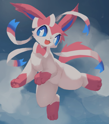 Size: 705x800 | Tagged: safe, artist:cco00oo, eeveelution, fictional species, mammal, sylveon, feral, nintendo, pokémon, 2024, 2d, ambiguous gender, belly, blue eyes, blue inner ear, casual nudity, cheek fluff, colored pupils, complete nudity, cute, detailed background, digital art, ear fluff, ears, fluff, front view, fur, happy, head fluff, leg fluff, long ears, looking at you, looking down, looking down at you, low angle, multicolored body, multicolored fur, multicolored head, nudity, open mouth, open smile, paw pads, paws, pink body, pink ears, pink fur, pink marking, pink tail, ribbons (body part), signature, smiling, smiling at you, socks (leg marking), solo, solo ambiguous, tail, tail fluff, thighs, tongue, underpaw, white body, white fur, white pupils