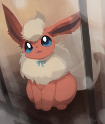 Size: 637x750 | Tagged: safe, artist:cco00oo, eeveelution, fictional species, flareon, mammal, feral, nintendo, pokémon, 2024, 2d, ambiguous gender, big tail, bow, bushy tail, cute, detailed background, digital art, ear fluff, ears, fluff, fur, hair, happy, high angle, indoors, long ears, looking at you, looking up, looking up at you, multicolored body, multicolored fur, neck fluff, open mouth, open smile, orange body, orange fur, paws, signature, sitting, smiling, smiling at you, solo, solo ambiguous, tail, tail fluff, thighs, two toned body, two toned fur, window