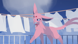 Size: 900x515 | Tagged: safe, artist:cco00oo, eeveelution, espeon, fictional species, mammal, feral, nintendo, pokémon, 2024, 2d, ambiguous gender, big ears, bow, casual nudity, cheek fluff, clothes, clothes line, cloud, colored pupils, colored sclera, detailed background, digital art, ear fluff, ears, fluff, fur, long ears, long tail, looking at you, nudity, outdoors, paws, purple sclera, railing, side view, signature, sky, solo, solo ambiguous, tail, thighs, white pupils