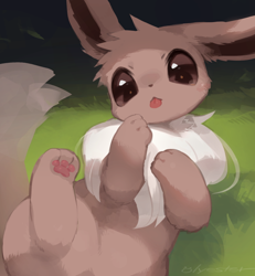 Size: 648x700 | Tagged: safe, artist:cco00oo, eevee, eeveelution, fictional species, mammal, feral, nintendo, pokémon, 2024, 2d, ambiguous gender, belly, blep, brown belly, brown body, brown ears, brown eyes, brown fur, brown inner ear, brown tail, bushy tail, casual nudity, cheek fluff, complete nudity, cute, detailed background, digital art, ear fluff, ears, fluff, fur, grass, head fluff, long ears, looking at you, lying down, lying in grass, multicolored body, multicolored fur, neck fluff, nudity, on back, outdoors, paw pads, paws, pink paw pads, signature, solo, solo ambiguous, tail, tail fluff, thighs, tongue, tongue out, top view, two toned body, two toned fur, underpaw