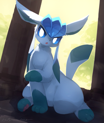 Size: 717x850 | Tagged: safe, artist:cco00oo, eeveelution, fictional species, glaceon, mammal, feral, nintendo, pokémon, 2024, 2d, ambiguous gender, belly, blue body, blue ears, blue eyes, blue fur, blue tail, casual nudity, colored pupils, complete nudity, detailed background, digital art, dipstick tail, dutch angle, ear fluff, ears, fluff, front view, fur, head fluff, light blue body, long ears, looking at you, looking down, looking down at you, low angle, multicolored body, multicolored fur, multicolored tail, neck fluff, nudity, open mouth, outdoors, paw pads, paws, pink paw pads, plant, raised leg, raised paw, raised tail, signature, sitting, socks (leg marking), solo, solo ambiguous, tail, thighs, three-quarter view, tree, two toned body, two toned fur, two toned tail, underpaw, white pupils