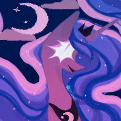 Size: 1200x1200 | Tagged: safe, artist:rinkitodo, princess luna (mlp), alicorn, equine, fictional species, mammal, pony, feral, friendship is magic, hasbro, my little pony, 2024, bust, cloud, colored eyelashes, colored pinnae, colored pupils, crescent moon, crown, ethereal mane, female, g4, hair, headwear, horn, jewelry, limited palette, lineless, long horn, long neck, looking up, mane, mare, moon, multicolored mane, night, open mouth, open smile, peytral, profile, purple coat, regalia, side view, signature, slit pupils, smiling, solo, solo female, starry hair, starry mane, stars, thin, tiara, wavy mane