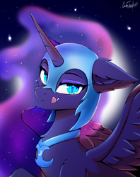 Size: 1078x1362 | Tagged: safe, artist:cmdrtempest, nightmare moon (mlp), alicorn, equine, fictional species, mammal, pony, feral, friendship is magic, hasbro, my little pony, 2024, armor, blue eyes, bust, dark blue body, detailed background, ethereal mane, feathered wings, feathers, female, headwear, helmet, horn, licking, licking lips, long mane, looking at you, mare, multicolored mane, neckwear, night, night sky, outdoors, signature, sky, solo, solo female, stars, three-quarter view, tongue, tongue out, wings