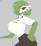 Size: 1802x2044 | Tagged: safe, artist:cooliehigh, fictional species, gardevoir, anthro, nintendo, pokémon, 2024, big breasts, bottomwear, breasts, clothes, female, hair, hair over one eye, hand on hip, looking at you, pants, shirt, simple background, smiling, smiling at you, solo, solo female, topwear