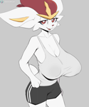 Size: 1754x2100 | Tagged: safe, artist:cooliehigh, cinderace, fictional species, anthro, nintendo, pokémon, 2024, big breasts, bottomwear, breasts, cleavage, clothes, female, lidded eyes, looking at you, open mouth, open smile, short shorts, shorts, simple background, smiling, smiling at you, solo, solo female, starter pokémon, tank top, topwear