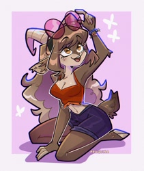 Size: 1731x2048 | Tagged: safe, artist:praquina, oc, oc:adeline (okaliz), bovid, caprine, goat, mammal, anthro, 2024, bottomwear, breasts, cleavage, clothes, female, glasses, glasses on head, hair, hairband, horizontal pupils, horns, kneeling, midriff, open mouth, open smile, round glasses, shorts, smiling, solo, solo female, sunglasses, sunglasses on head, tank top, topwear, ungulate, wristband