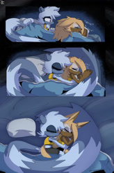 Size: 2012x3072 | Tagged: safe, artist:buddyhyped, artist:thathypedbuddy, artist:thehypedbuddy, tangle the lemur (sonic), whisper the wolf (sonic), canine, lemur, mammal, primate, wolf, anthro, comic:tangle's bed comfort, idw, idw sonic the hedgehog, sega, sonic the hedgehog (series), anthro/anthro, bed, bedroom, big tail, clothes, comforting, comic, comic page, couple, duo, duo female, eyelashes, eyes closed, female, female/female, females only, fur, gray body, gray fur, hair, holding, holding character, hug from behind, indoors, lgbt, long tail, lying down, lying on bed, on bed, page, sapphic, tail, tail wraps, whispangle (sonic), wraps