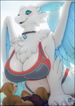 Size: 1061x1500 | Tagged: safe, artist:vader-san, canine, dog, fictional species, mammal, quivern, anthro, palworld, bikini, blushing, breasts, cleavage, clothes, female, fluff, huge breasts, mmale, neck fluff, pool, size difference, swim trunks, swimsuit, thick thighs, thighs, wide hips, wings