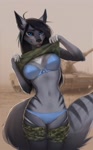 Size: 790x1280 | Tagged: suggestive, artist:totesfleisch8, oc, canine, mammal, anthro, 2016, black hair, black sclera, blue eyes, bottomwear, bra, camo print, camouflage, clothes, colored sclera, digital art, ears, female, fur, gray body, gray fur, hair, looking at you, panties, presenting, shorts, solo, solo female, tail, tank, underwear, vehicle