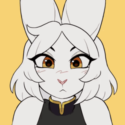 Size: 518x518 | Tagged: safe, artist:shambletime, oc, oc only, lagomorph, mammal, rabbit, anthro, 1:1, 2024, 2d, 2d animation, amber eyes, animated, bunny ears, clothes, cute, ears, eyes closed, female, fur, gif, looking at you, orange eyes, simple background, smiling, smiling at you, solo, solo female, white body, white fur, yellow background