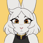 Size: 518x518 | Tagged: safe, artist:shambletime, oc, oc only, lagomorph, mammal, rabbit, anthro, 2024, 2d, 2d animation, amber eyes, animated, bunny ears, clothes, cute, ears, eyes closed, female, fur, gif, looking at you, orange eyes, simple background, smiling, smiling at you, solo, solo female, white body, white fur, yellow background