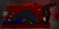 Size: 4000x2000 | Tagged: suggestive, artist:darkwolftehjesterwolfie, demon, fictional species, human, mammal, claws, dirty feet, dirty soles, dominant, dominant male, ear piercing, earring, feet, fetish, foot fetish, foot focus, foot on face, foot slave, foot worship, humiliation, jewelry, licking, licking foot, male, males only, piercing, sole, submissive, submissive male, tail, tail jewelry, tail ring, text, toe ring, toes, tongue, tongue out, underfoot