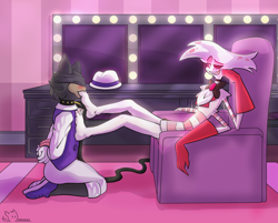 Size: 1748x1405 | Tagged: suggestive, artist:ohmagaz, angel dust (hazbin hotel), arachnid, arthropod, cat, demon, feline, fictional species, mammal, hazbin hotel, blindfold, blushing, dominant, dominant male, feet, fetish, foot fetish, foot focus, foot in mouth, foot slave, foot worship, humiliation, leash, licking, licking foot, male, males only, relaxing, submissive, submissive male, tied hands, toe sucking, toes, tongue, tongue out