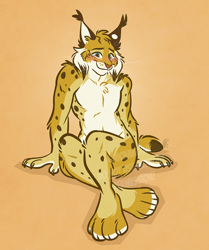 Size: 836x1000 | Tagged: safe, artist:nicnak044, oc, oc only, feline, lynx, mammal, anthro, 2020, 2d, arm fluff, blue eyes, blushing, cheek fluff, claws, closed mouth, closed smile, complete nudity, countershading, digital art, ear fluff, ear tuft, ears, english text, fingers, fluff, front view, fur, hands, head fluff, looking at you, male, multicolored body, multicolored fur, nudity, orange background, paws, pointy ears, shoulder fluff, signature, simple background, sitting, smiling, smiling at you, solo, solo male, spots, spotted fur, tail, tail fluff, tan body, tan fur, text, thigh fluff, thighs, watermark, whiskers