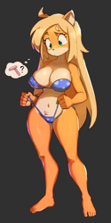 Size: 1000x2000 | Tagged: suggestive, artist:flowerimh, artist:flowerpigeon73, coco bandicoot (crash bandicoot), bandicoot, mammal, marsupial, anthro, plantigrade anthro, crash bandicoot (series), 2022, absolute cleavage, barefoot, belly button, big breasts, bikini, blue bikini, blue swimsuit, breasts, cleavage, clothes, digital art, ears, eyelashes, female, fluff, fur, hair, loose hair, pose, pubic fluff, pulling panties, simple background, solo, solo female, speech bubble, swimsuit, tail, thick thighs, thighs, wide hips