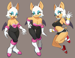 Size: 3000x2300 | Tagged: safe, artist:flowerpigeon73, rouge the bat (sonic), bat, mammal, anthro, sega, sonic the hedgehog (series), 2023, bat wings, bedroom eyes, belly button, big breasts, boots, bottomwear, breasts, clothes, crop top, digital art, ears, eyelashes, female, footwear, fur, hair, high heel boots, high heels, leotard, open mouth, picture-in-picture, pose, sharp teeth, shoes, shorts, simple background, solo, solo female, sports bra, sports shorts, tail, teeth, thighs, tongue, topwear, webbed wings, wide hips, wings