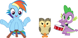 Size: 828x409 | Tagged: safe, artist:porygon2z, owlowiscious (mlp), rainbow dash (mlp), spike (mlp), bird, bird of prey, dragon, equine, fictional species, mammal, owl, pegasus, pony, western dragon, feral, semi-anthro, friendship is magic, hasbro, my little pony, 2d, drum, female, group, male, mare, musical instrument, on model, open mouth, open smile, playing musical instrument, raised leg, simple background, smiling, standing, stool, transparent background, trio, young