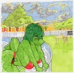 Size: 1441x1425 | Tagged: safe, artist:realius, alligator, crocodilian, reptile, anthro, 2024, bikini, breasts, clothes, dripping, female, i wani hug that gator, leaning forward, lidded eyes, looking at you, midriff, olivia halford (iwhtg), outdoors, partially submerged, side-tie bikini, solo, solo female, swimming pool, swimsuit, traditional art, wet