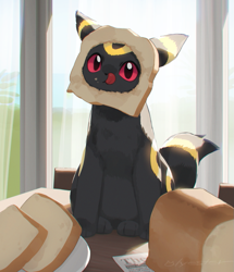 Size: 749x870 | Tagged: safe, artist:cco00oo, eeveelution, fictional species, mammal, umbreon, feral, nintendo, pokémon, 2024, 2d, ambiguous gender, behaving like a cat, black body, black ears, black fur, black tail, body markings, bread, casual nudity, chair, colored sclera, complete nudity, cute, detailed background, digital art, ear fluff, ear markings, ears, eating, fluff, food, front view, fur, head marking, indoors, leg markings, licking, licking lips, looking at you, multicolored body, multicolored fur, multicolored tail, nudity, paws, red sclera, signature, silly, sitting, sitting on table, solo, solo ambiguous, table, tail, tail fluff, tail marking, thigh markings, thighs, tongue, tongue out, two toned body, two toned ears, two toned fur, two toned head, two toned tail, window, yellow body, yellow fur, yellow marking