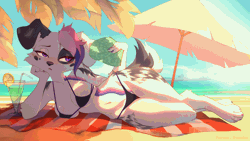 Size: 1920x1080 | Tagged: suggestive, artist:freeedon, canine, dog, mammal, anthro, 2024, 2d, 2d animation, animated, beach, belly button, big breasts, bikini, blushing, breasts, cameltoe, claws, clothes, digital art, female, frame by frame, loop, lying down, ocean, outdoors, paws, solo, solo female, swimsuit, tail, thick thighs, thighs, water, wide hips