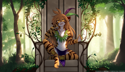 Size: 2225x1280 | Tagged: safe, artist:twokinds, flora (twokinds), big cat, feline, fictional species, keidran, mammal, tiger, anthro, digitigrade anthro, twokinds, 2024, 2d, backlighting, belly button, black body, black fur, claws, clothes, cute, cute little fangs, detailed background, digital art, ear fluff, ears, english text, eyelashes, fangs, female, fingers, fluff, front view, fur, hair, hands, jewelry, lidded eyes, loincloth, long hair, looking at you, multicolored body, multicolored face, multicolored fur, multicolored head, necklace, open mouth, orange body, orange fur, outdoors, paws, plant, pointy ears, sitting, solo, solo female, striped fur, teeth, text, thighs, throne, tongue, tree, url, white belly, white body, white countershading, white fur