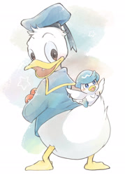 Size: 1463x2048 | Tagged: safe, artist:chi p 71, donald duck (disney), bird, duck, fictional species, quaxly, waterfowl, disney, mickey and friends, nintendo, pokémon, spoiler:pokémon gen 9, spoiler:pokémon scarlet and violet, 2022, 2d, abstract background, beak, blue eyes, bottomless, bottomless male, brown eyes, clothes, crossover, cute, feathers, full body, happy, hat, headwear, looking back, male, nudity, open beak, open mouth, open smile, partial nudity, poké ball, shirt, smiling, standing, stars, starter pokémon, tongue, topwear, white body, white feathers