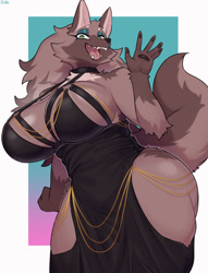 Size: 1000x1309 | Tagged: safe, artist:suigi, canine, mammal, wolf, anthro, 2024, absolute cleavage, border, bottomwear, breasts, cleavage, clothes, dress, eyeshadow, female, fishtail dress meme, hips, huge breasts, looking at you, makeup, open mouth, open smile, smiling, smiling at you, solo, solo female, tail, thick thighs, thighs, waving, white border, wide hips