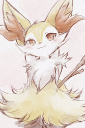 Size: 1371x2048 | Tagged: safe, artist:chi p 71, braixen, canine, fictional species, fox, mammal, nintendo, pokémon, 2022, blushing, brown eyes, cowboy shot, female, fluff, fur, happy, kemono, looking at you, male, multicolored body, multicolored fur, neck fluff, simple background, sketch, smiling, snout, solo, solo male, standing, starter pokémon, stick, tail, traditional media (artwork), two toned body, two toned fur, white body, white fur, yellow body, yellow fur