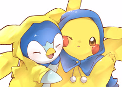 Size: 2800x2000 | Tagged: safe, artist:chi p 71, fictional species, mammal, pikachu, piplup, feral, nintendo, pokémon, 2022, 2d, beak, blue clothing, blue feathers, brown eyes, clothed feral, clothes, coat, cute, digital art, duo, ears, eyes closed, feathers, front view, fur, happy, high res, hood, hug, long ears, looking at you, multicolored body, multicolored face, multicolored feathers, multicolored head, one eye closed, open beak, open mouth, open smile, raincoat, red cheeks, simple background, smiling, starter pokémon, tail, topwear, white background, white feathers, yellow body, yellow clothing, yellow ears, yellow fur, yellow tail