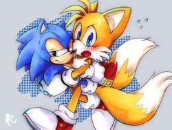 Size: 736x552 | Tagged: safe, artist:agrinaru, classic sonic, miles "tails" prower (sonic), sonic the hedgehog (sonic), canine, fox, hedgehog, mammal, anthro, sega, sonic the hedgehog (series), abstract background, anthro/anthro, blushing, carrying another, clothes, duo, footwear, frowning, gloves, lidded eyes, looking at you, male, male/male, one fang, open mouth, shipping, shoes, socks, sontails (sonic), sweat, sweatdrop, walking