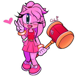 Size: 1200x1200 | Tagged: safe, artist:reinadecorazonez, amy rose (sonic), hedgehog, mammal, sega, sonic the hedgehog (series), female, gesture, one eye closed, peace sign, piko piko hammer, solo, solo female, winking