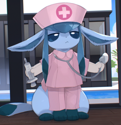 Size: 790x820 | Tagged: safe, artist:cco00oo, eeveelution, fictional species, glaceon, mammal, feral, nintendo, pokémon, 2024, 2d, :<, ambiguous gender, blue body, blue eyes, blue fur, blue inner ear, chromatic aberration, clothes, costume, cute, detailed background, digital art, dipstick tail, dutch angle, ear fluff, ears, fluff, front view, frowning, fur, hat, headwear, indoors, lidded eyes, light blue body, long ears, multicolored body, multicolored fur, multicolored tail, nurse hat, nurse outfit, paws, pink clothing, signature, sitting, socks (leg marking), solo, solo ambiguous, tail, teal fur, thighs, two toned body, two toned fur, two toned tail, water