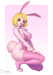 Size: 897x1269 | Tagged: safe, alternate version, artist:pakwan008, part of a set, carrot (one piece), fictional species, lagomorph, mammal, mink tribe, rabbit, anthro, digitigrade anthro, one piece, 2024, breasts, cleavage, clothes, digital art, ears, easter, eyelashes, female, fur, hair, holiday, kneeling, legwear, leotard, looking at you, pose, simple background, solo, solo female, stockings, tail, thighs, wide hips