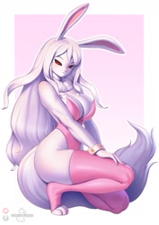 Size: 897x1269 | Tagged: safe, alternate version, artist:pakwan008, part of a set, carrot (one piece), fictional species, lagomorph, mammal, mink tribe, rabbit, anthro, digitigrade anthro, one piece, 2024, black sclera, breasts, cleavage, clothes, colored sclera, digital art, ears, easter, eyelashes, female, fluff, fur, hair, holiday, kneeling, legwear, leotard, looking at you, neck fluff, pose, simple background, solo, solo female, stockings, sulong carrot (one piece), tail, thighs, wide hips