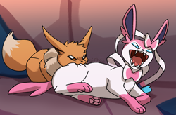 Size: 2689x1760 | Tagged: safe, artist:blitzdrachin, eevee, eeveelution, fictional species, mammal, sylveon, feral, nintendo, pokémon, 2024, ambiguous gender, ambiguous only, behaving like a cat, biting, blue sclera, brown sclera, butt, butt biting, colored sclera, couch, detailed background, digital art, duo, duo ambiguous, ears, fluff, fur, loafing, lying down, meme, neck fluff, open mouth, paw pads, paws, prone, ribbons (body part), screaming, sharp teeth, tail, teeth, thighs, tongue, tongue out