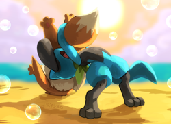 Size: 3000x2169 | Tagged: safe, artist:blitzdrachin, eevee, eeveelution, fictional species, mammal, riolu, feral, semi-anthro, nintendo, pokémon, pokémon mystery dungeon, 2023, ambiguous gender, ambiguous only, bandanna, beach, clothes, detailed background, digital art, dipstick tail, duo, duo ambiguous, ears, fluff, fur, german suplex, hair, neck fluff, oof, open mouth, ouch, pokémon mystery dungeon: explorers, suplex, tail, thighs