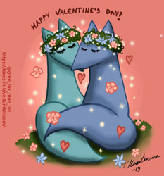 Size: 1280x1375 | Tagged: safe, artist:foxes-in-love, canine, fox, mammal, feral, ambiguous gender, ambiguous only, blue body, blue fur, duo, duo ambiguous, eyelashes, eyes closed, flower crown, fur, holiday, teal fur, valentine's day