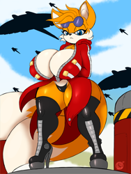 Size: 1260x1680 | Tagged: suggestive, artist:suirano, miles "tails" prower (sonic), canine, fox, mammal, anthro, sega, sonic the hedgehog (series), 2024, aircraft, airship, arms behind back, boots, breasts, clothes, female, footwear, frowning, goggles, goggles on head, high heel boots, high heels, jacket, legwear, lidded eyes, looking at you, multiple tails, outdoors, panties, rule 63, shoes, solo, solo female, tail, thick thighs, thigh high boots, thighs, thong, topwear, vehicle