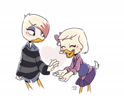 Size: 1784x1462 | Tagged: safe, artist:soup-du-silence, lena (ducktales), webby vanderquack (ducktales), bird, duck, waterfowl, anthro, disney, ducktales, ducktales (2017), beak, blushing, bottomwear, bow, clothes, duo, duo female, dyed hair, eyelashes, female, females only, hair, hair accessory, hair bow, hair over one eye, hairstyle, hands, lgbt, open mouth, sapphic, shipper on deck, shipping, shirt, skirt, smiling, smiling at each other, sweater, topwear
