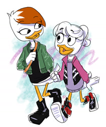 Size: 1280x1527 | Tagged: safe, artist:soup-du-silence, lena (ducktales), webby vanderquack (ducktales), bird, duck, waterfowl, disney, ducktales, ducktales (2017), brown hair, clothes, crossover, crossover cosplay, cute, duo, duo female, eyelashes, feathers, female, females only, hair, hair over one eye, hairstyle, holding, holding hands, katrina j., lidded eyes, mackenzie coyle, open mouth, paper girls, ponytail, pupils, sexy, shipping, shipping fuel, smiling, talking, webbed feet, weblena (ducktales), white feathers, white hair