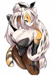 Size: 1448x2048 | Tagged: suggestive, artist:mx99926, oc, oc:mei xiang, big cat, feline, mammal, tiger, anthro, 2024, bare shoulders, bedroom eyes, big breasts, breasts, bunny suit, cleavage, clothes, feather boa, female, gloves, hair, hair over one eye, hair ribbon, legwear, long gloves, looking at you, simple background, smiling, smiling at you, solo, solo female, stockings, tigress