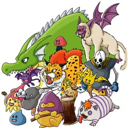 Size: 600x600 | Tagged: safe, artist:アジャパー, animate object, big cat, cat, dragon, feline, fictional species, mammal, mole, mollusk, monster, primate, reptile, skeleton (undead), slime (dragon quest), squid, undead, wingless dragon, feral, humanoid, semi-anthro, dragon quest, square enix, 2007, ambiguous gender, bat wings, bone, cureslime (dragon quest), dracky (dragon quest), drake slime (dragon quest), eulipotyphlan, goodybag (dragon quest), great sabrecat (dragon quest), green dragon (dragon quest), group, group ambiguous, hammerhood (dragon quest), jailcat (dragon quest), khalamari kid (dragon quest), mischievous mole (dragon quest), shovel, silvapithecus (dragon quest), skeleton, skeleton (dragon quest), webbed wings, wings