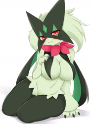 Size: 1360x1872 | Tagged: suggestive, artist:ayatori, fictional species, meowscarada, anthro, digitigrade anthro, nintendo, pokémon, spoiler:pokémon gen 9, spoiler:pokémon scarlet and violet, 2022, bedroom eyes, belly button, blushing, breasts, digital art, ears, eyelashes, female, fur, hair, kneeling, looking at you, mask, pose, simple background, solo, solo female, starter pokémon, tail, thighs, white background, wide hips