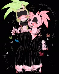 Size: 1631x2048 | Tagged: suggestive, artist:usa37107692, amy rose (sonic), surge the tenrec (sonic), hedgehog, mammal, tenrec, idw sonic the hedgehog, sega, sonic the hedgehog (series), 2024, belly button, blushing, boots, bottomwear, breasts, clothes, crop top, duo, duo female, ear piercing, eyelashes, eyeshadow, female, female/female, females only, footwear, full body, fur, goth, green body, green fur, hair, heart, hug, makeup, midriff, open mouth, open smile, pants, piercing, pink body, pink fur, ponytail, shipping, shirt, shoes, simple background, smiling, sparkles, surgamy (sonic), tail, topwear