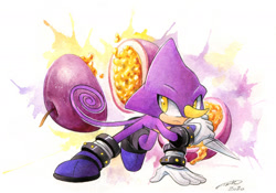 Size: 1772x1240 | Tagged: safe, artist:finikart, espio the chameleon (sonic), chameleon, lizard, reptile, sega, sonic the hedgehog (series), 2020, clothes, dated, food, footwear, fruit, full body, fur, gloves, horn, kunai knife, male, passion fruit, purple body, purple fur, shoes, signature, simple background, single horn, solo, solo male, watermark, weapon, yellow eyes
