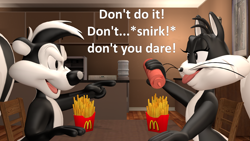 Size: 1920x1080 | Tagged: safe, artist:red4567-2, penelope pussycat (looney tunes), pepe le pew (looney tunes), cat, feline, mammal, skunk, looney tunes, mcdonald's, warner brothers, 3d, digital art, food, french fries, ketchup, source filmmaker, teasing, tongue, tongue out