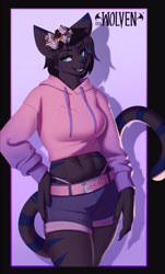 Size: 1440x2389 | Tagged: safe, artist:itswolven, cat, feline, mammal, anthro, 2024, bottomwear, clothes, female, hoodie, shorts, solo, solo female, tail, topwear, wide hips